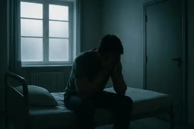 a man sitting in the dark on his bed